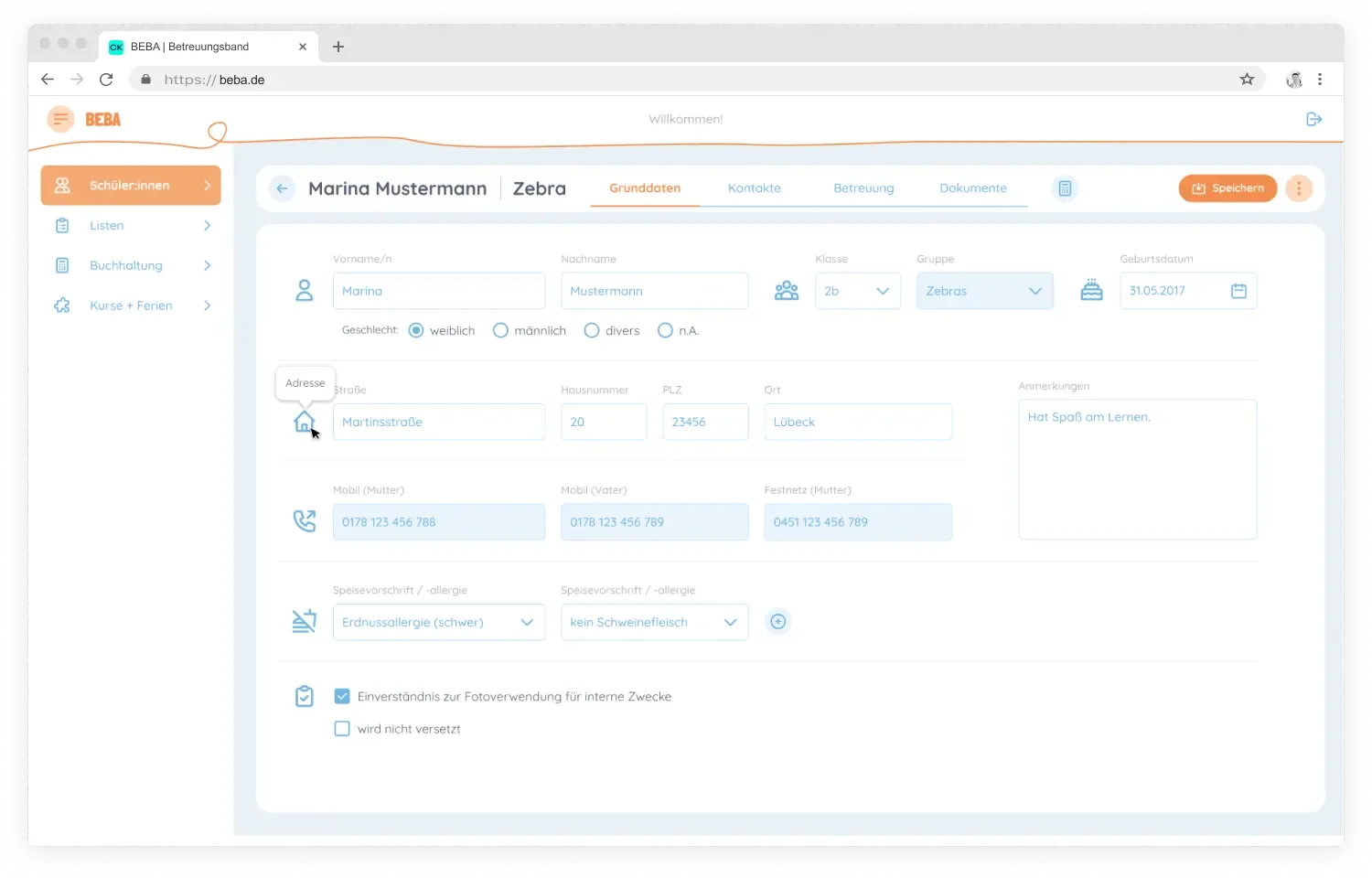 Beba: Verwaltungssoftware und App für die Schulbetreuung: Screenshot