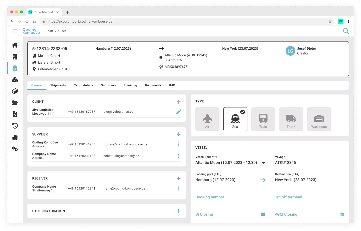 Export- und Importabwicklung: Screenshot
